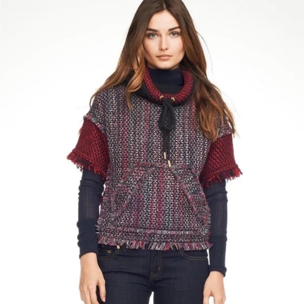 Tory Burch Tweed Knit Funnel Neck Pullover Sweater Wool Blend Red Purple Small